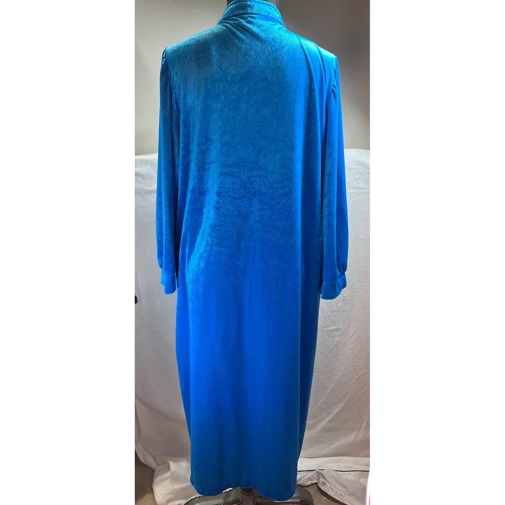 Vintage Framghas Turquoise Blue Velour Smocked Kaftan Robe Zip Front Long Dress